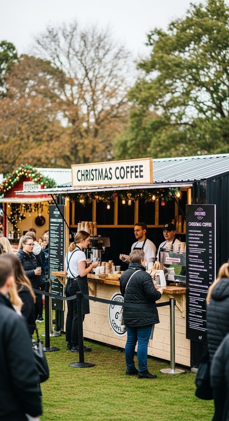 Vibrant Christmas coffee pop-up with a queue of happy customers at a bustling holiday market, festive event lighting.