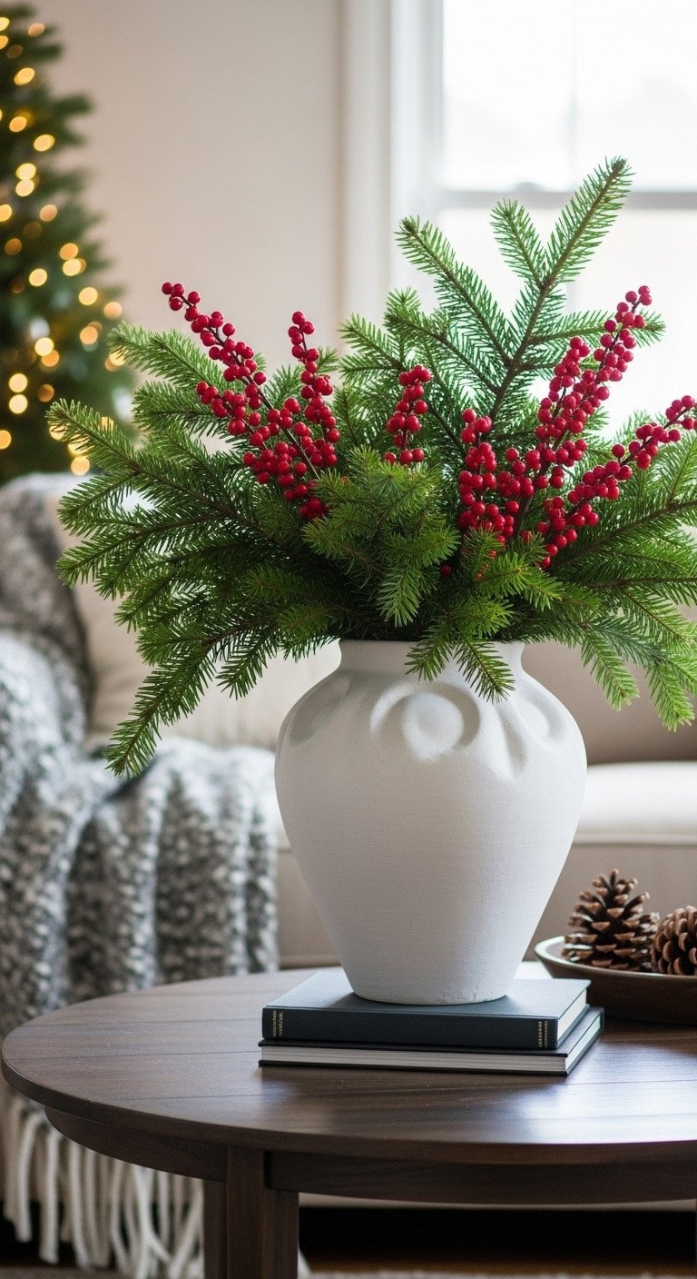 Vibrant Christmas coffee table decor: white vase with evergreen stems, red berries, dark books, and decorative pine cone.