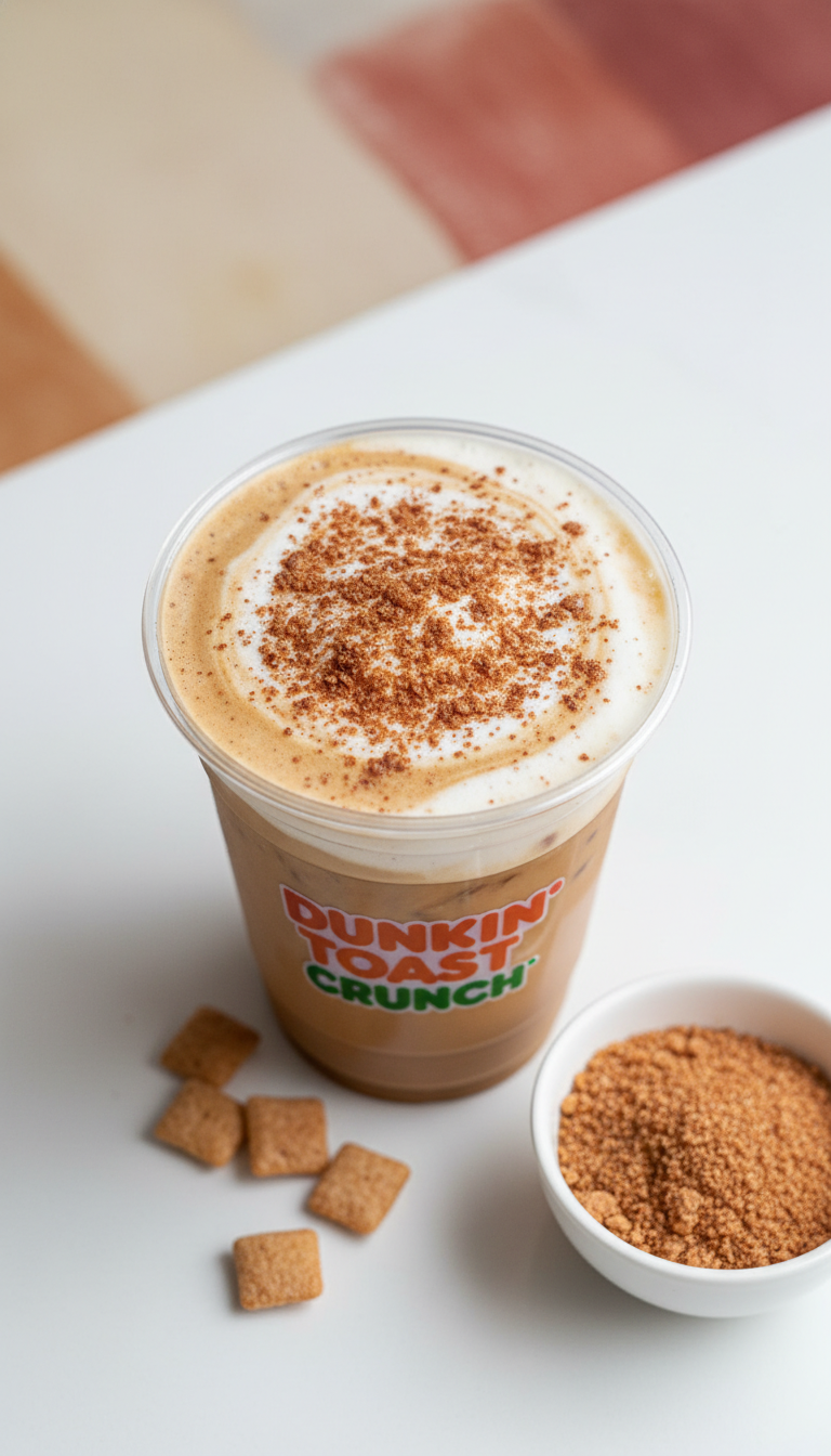 Vibrant Cinnamon Toast Crunch iced coffee, foamy, coarse cinnamon sugar, clear cup, cereal pieces on a colorful surface.