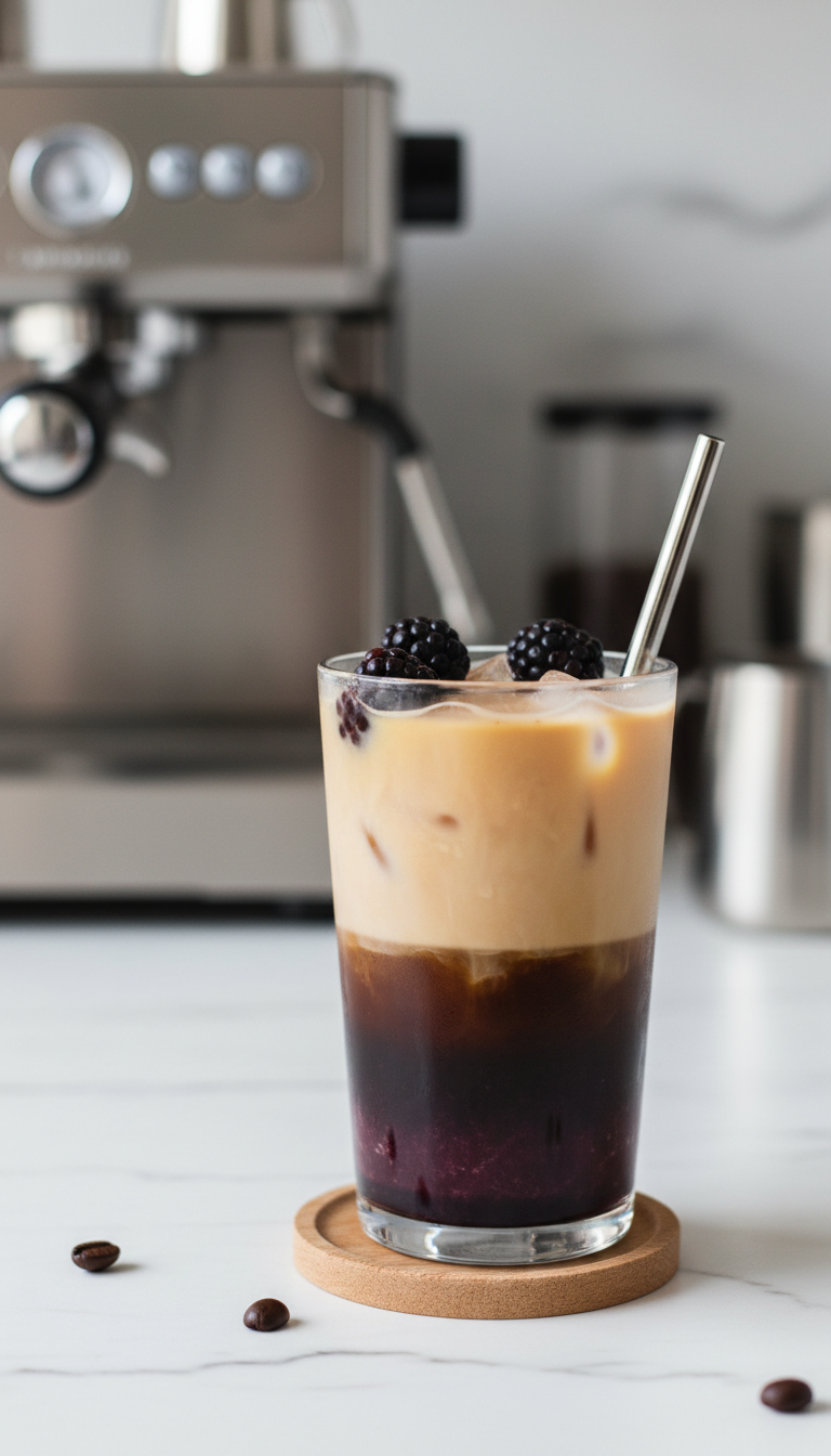 Homemade Blackberry Coffee Syrup: Easy & Delicious Recipe 11 Vibrant Iced Blackberry Latte in a tall glass, with espresso, milk, and deep purple syrup layers. Refreshing coffee drink.
