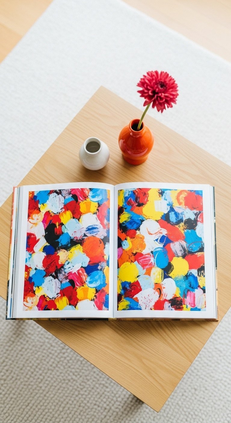 Vibrant abstract art book open on light wood table, with colorful painting, ceramic vase, and flower. Modern flat lay.