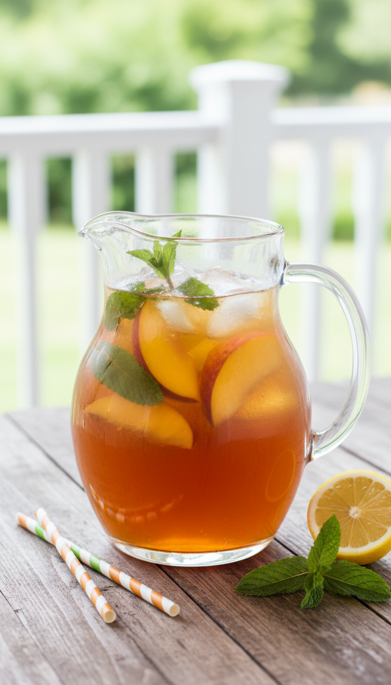 Easy Homemade Peach Coffee Syrup for Perfect Lattes 3 Vibrant amber iced tea pitcher with peach slices, mint, and lemon on a rustic wooden table in an outdoor setting. Refreshing.