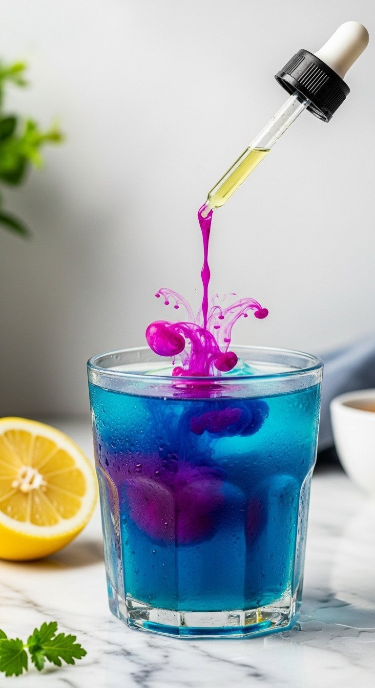 Blue Milk Tea Recipe And Secrets For Perfect Boba 9 Vibrant blue liquid transforming to magenta purple swirls with lemon drops in a glass on a marble, showcasing tea's color change.
