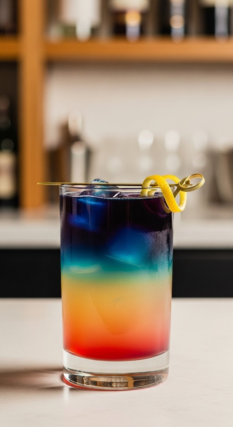 Butterfly Pea Tea Benefits Brewing and Color Change Secrets 4 Vibrant color-changing butterfly pea tea mocktail with yellow citrus and indigo blue layers in a glass, lemon zest, elegant.