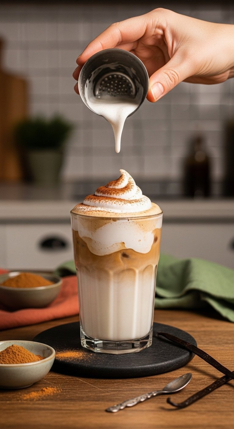 Dalgona Coffee Tested Recipe Science And Troubleshooting 13 Vibrant, custom dalgona foam swirled over iced milk in a tall glass with cinnamon powder and vanilla bean on rustic table.