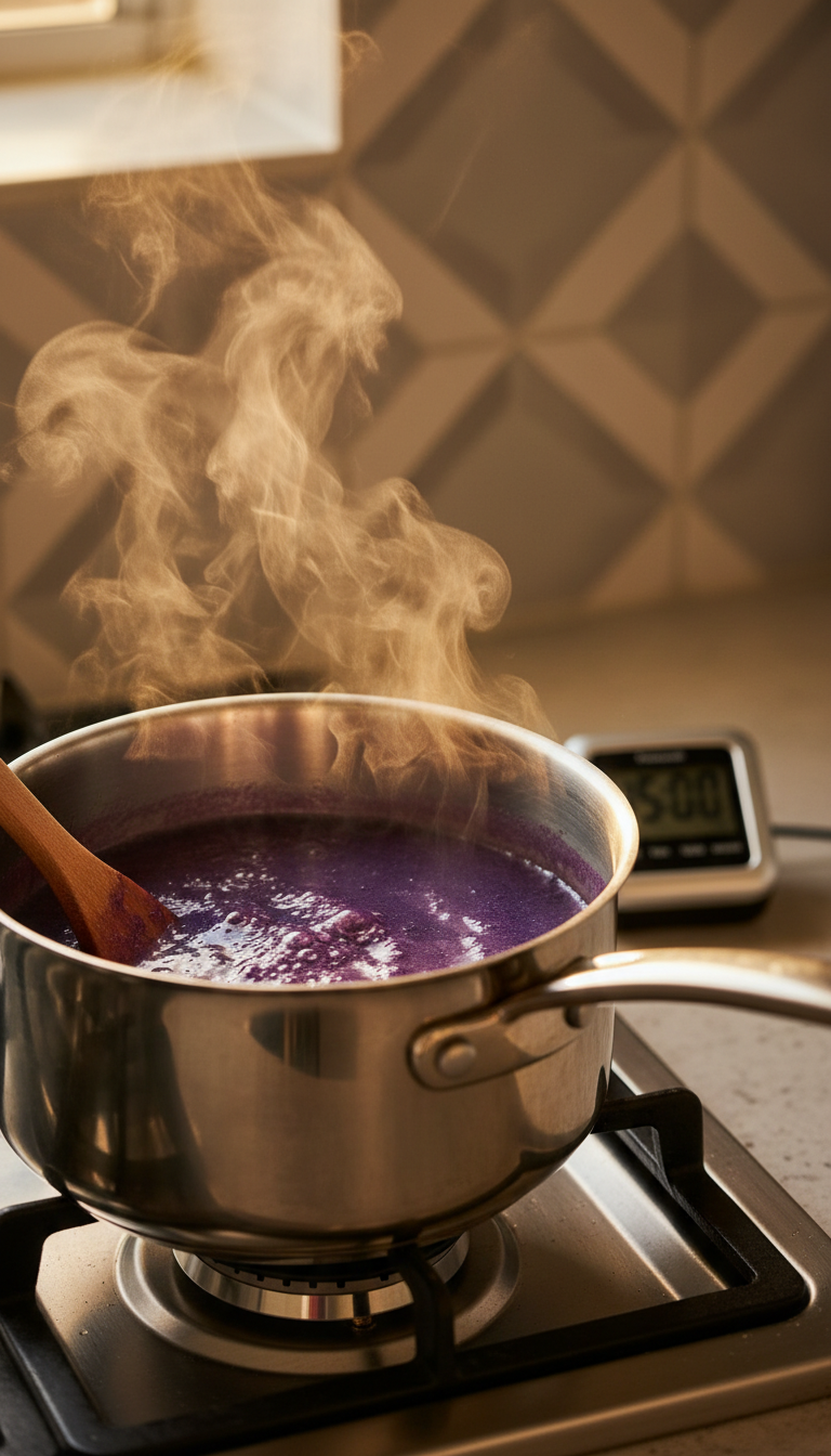 Homemade Ube Coffee Syrup: Ultimate DIY Guide 7 Vibrant deep purple ube coffee syrup simmering in stainless steel saucepan on gas stovetop. Timer, spatula. Homemade ube syrup.
