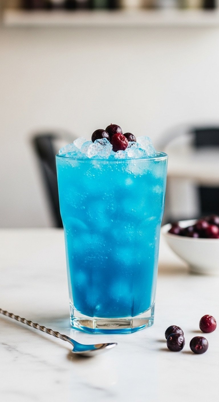 Lotus Energy Drinks 11 Expert Recipes To Master Clean Energy 1 Vibrant electric blue Blue Lotus energy drink with huckleberries, crushed ice, and silver spoon on marble, blurred cafe background.