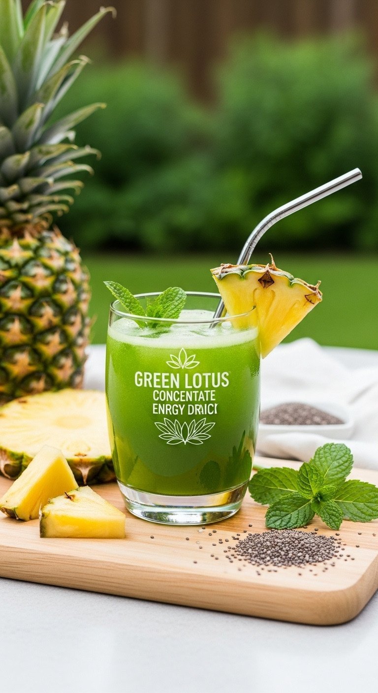 Lotus Energy Drinks 11 Expert Recipes To Master Clean Energy 14 Vibrant emerald Green Lotus energy drink with pineapple and mint in sleek glass, metal straw, on wood board, garden.