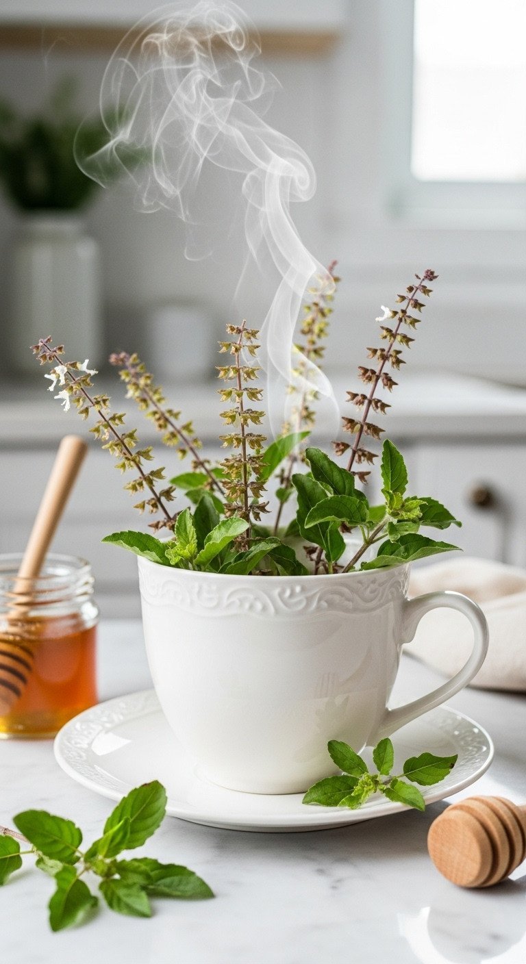 Master Adaptogen Tea The Essential Guide to Blends and Dosage 3 Vibrant fresh and dried Holy Basil (Tulsi) leaves and flowers with steaming tea in a porcelain teacup, serene setting.