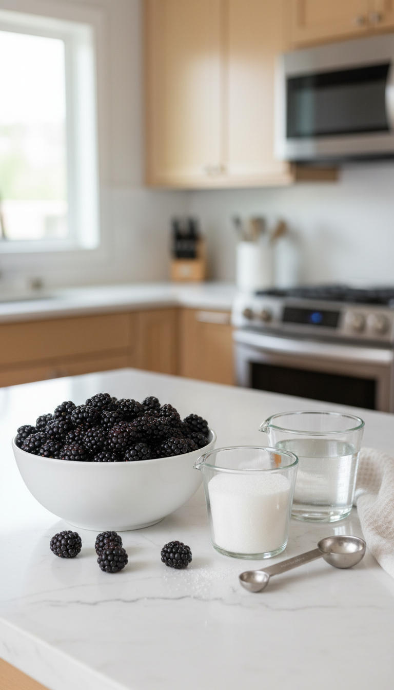 Homemade Blackberry Coffee Syrup: Easy & Delicious Recipe 1 Vibrant fresh blackberries, white granulated sugar, and clear water on a marble countertop for a recipe. Essential kitchen ingredients.