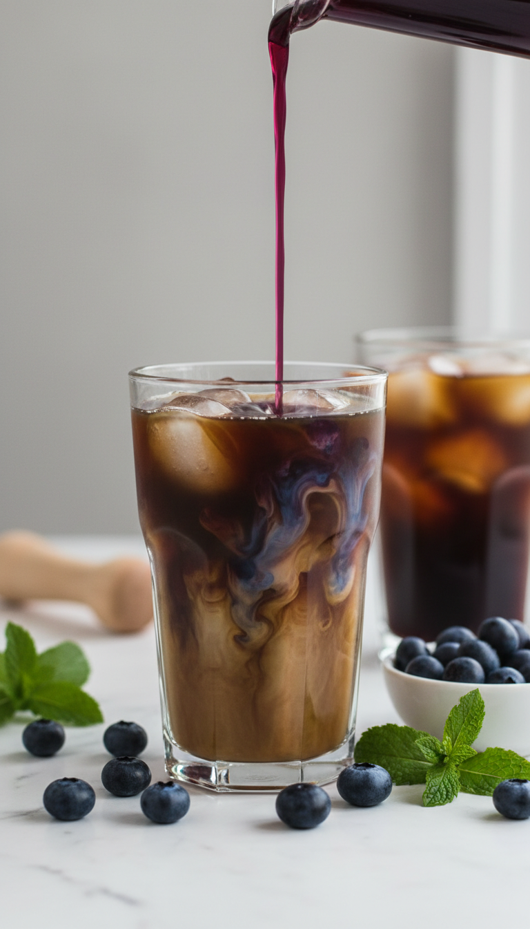 Homemade Healthy Coffee Syrups: 7 Essential Natural Recipes 9 Vibrant fresh blueberry simple syrup pours into iced cold brew, surrounded by berries and mint on marble in daylight.