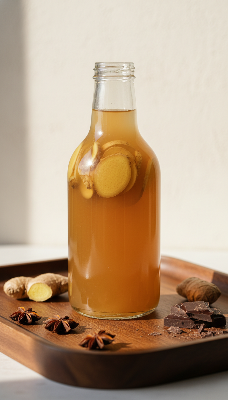 Homemade Coffee Syrup Gifts Easy Recipes & Ideas 15 Vibrant ginger spice coffee syrup with fresh ginger slices visible, on an elegant wooden tray with star anise.