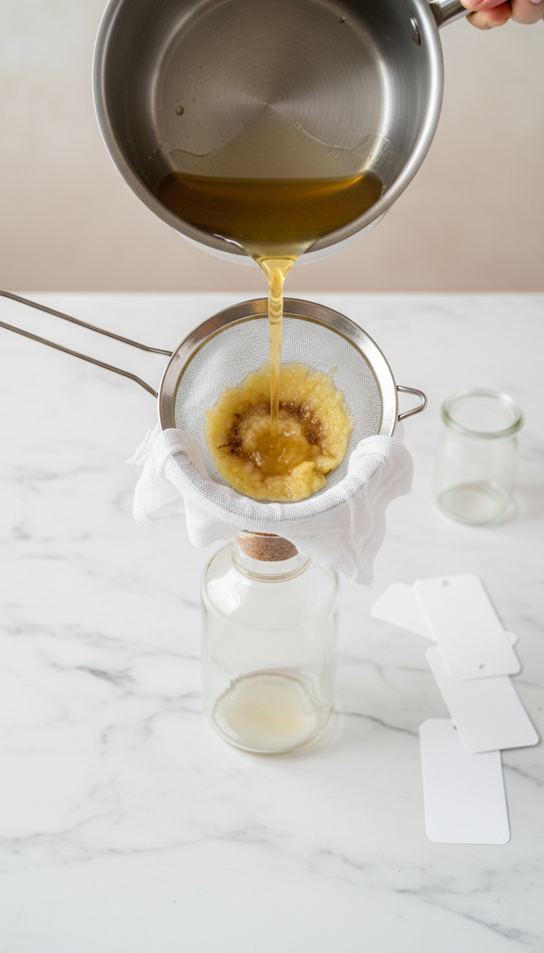 Homemade Banana Coffee Syrup: Proven Recipe for Rich Flavor 7 Vibrant golden-yellow banana syrup straining through cheesecloth into a clear glass bottle on a white marble counter.