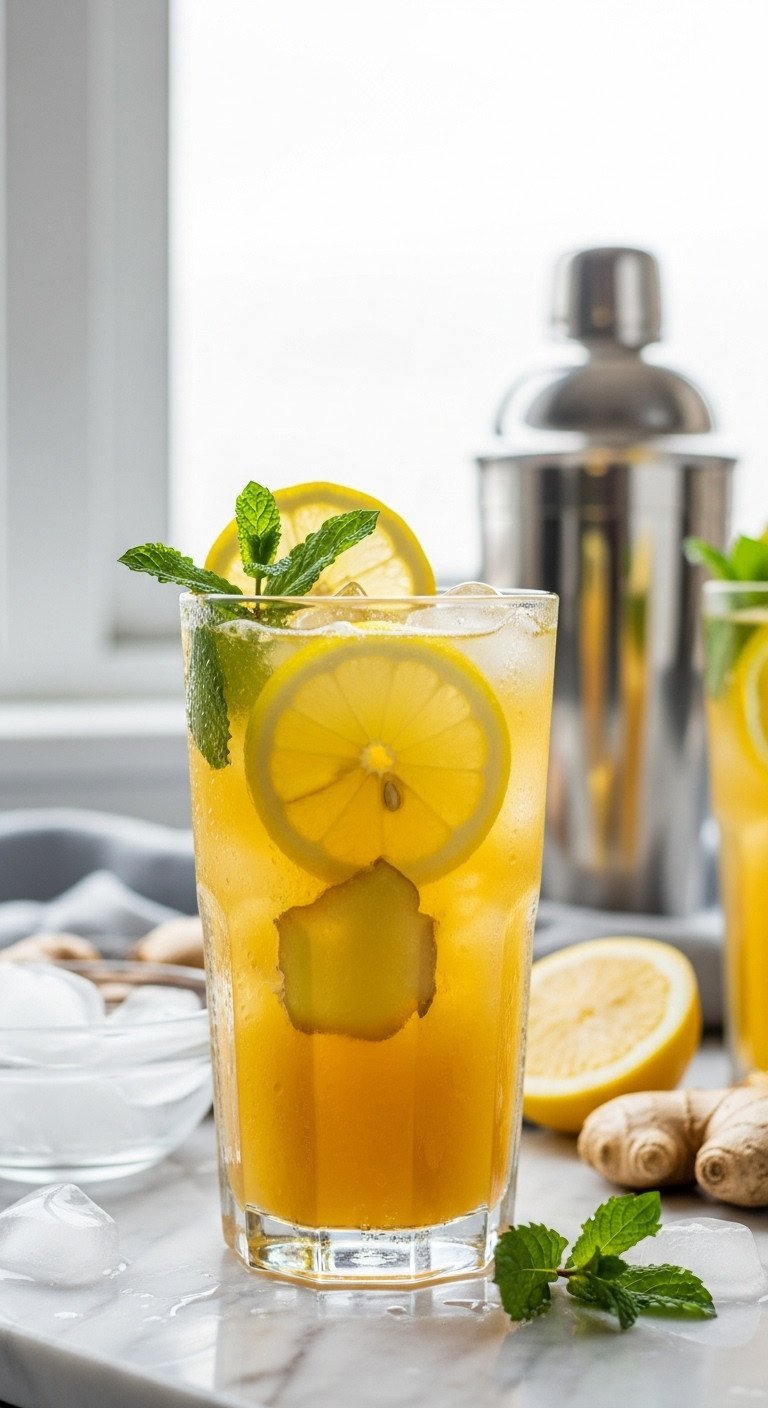 Master Adaptogen Tea The Essential Guide to Blends and Dosage 17 Vibrant golden-yellow iced tea with fresh ginger, lemon, and mint in a tall glass, refreshing summer drink.