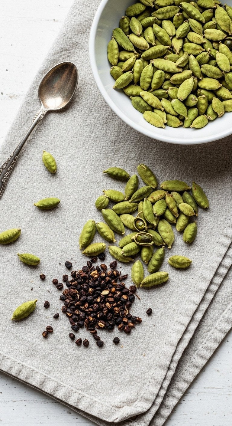 Cardamom Tea Ultimate Recipe Guide 7 Proven Benefits and Flavor Secrets 7 Vibrant green cardamom pods and dark seeds spilled on natural linen, flat lay. Fresh spice ingredients for tea.
