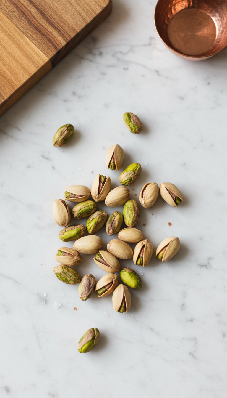 Vibrant green, shelled roasted pistachios scattered on white marble with sea salt, copper bowl, and blurred wood board. Healthy snack.