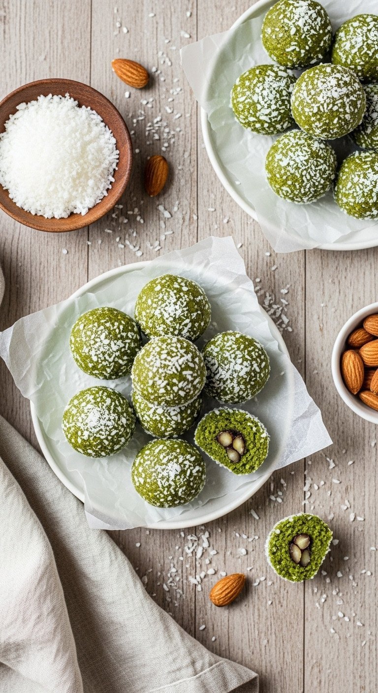 13 Perfect Green Tea Recipes Iced Matcha And No Bitterness 21 Vibrant green tea energy bites dusted with coconut flakes on a platter, healthy easy-to-make snack with almonds.