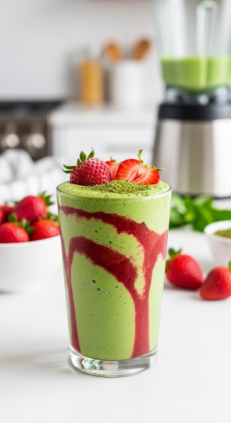 13 Perfect Green Tea Recipes Iced Matcha And No Bitterness 25 Vibrant green tea strawberry smoothie in a tall glass with fresh strawberry slices, healthy and refreshing drink.