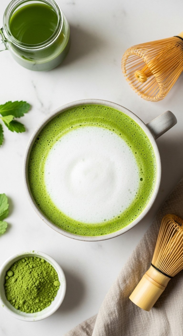 Tea Latte Recipes Ultimate Guide To Perfect Ratios And Foam 7 Vibrant, healthy Matcha Green Tea Latte, white foam in ceramic bowl, bamboo whisk, matcha powder on marble. Fresh flat lay.