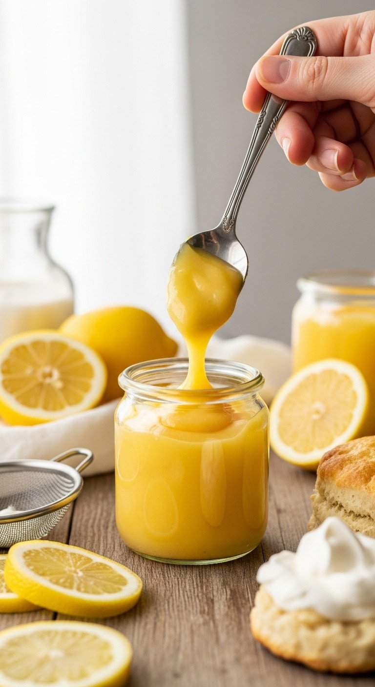 Vibrant homemade lemon curd, thick and glossy, being spooned into a jar on rustic wood with fresh lemons, perfect for baking.