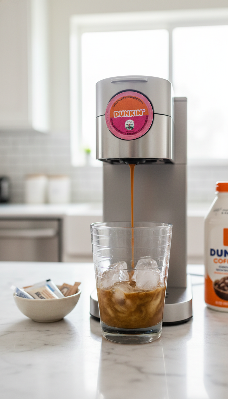 Vibrant iced coffee made with a Dunkin' K-Cup dripping from a Keurig into an ice-filled glass on a marble countertop, home brewing.