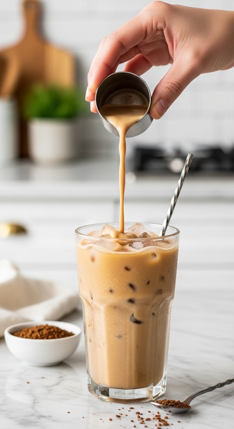 11 Iced Coffee Recipes And Secret Fixes For Watery Coffee 1 Vibrant instant iced coffee in a condensation-covered glass with ice and creamy froth on a marble counter, with coffee granules.