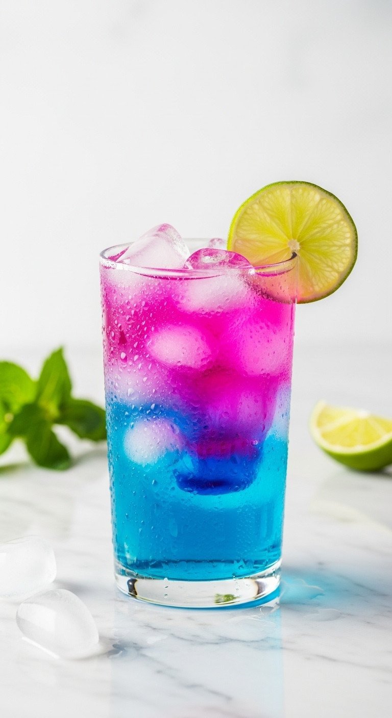 Vibrant layered energy drink in a tall glass with ice. Electric blue and neon pink, lime wedge, marble counter, bright daylight.