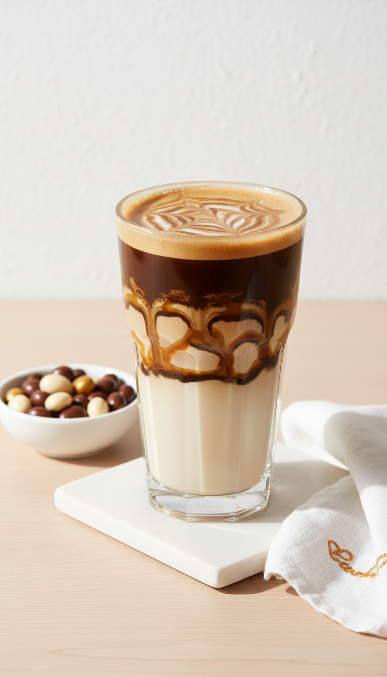 Best Dunkin Iced Macchiato Order: 7 Custom Hacks 13 Vibrant layered iced macchiato, mocha & caramel swirls. Minimalist setting with coffee candy and napkin in bright daylight.