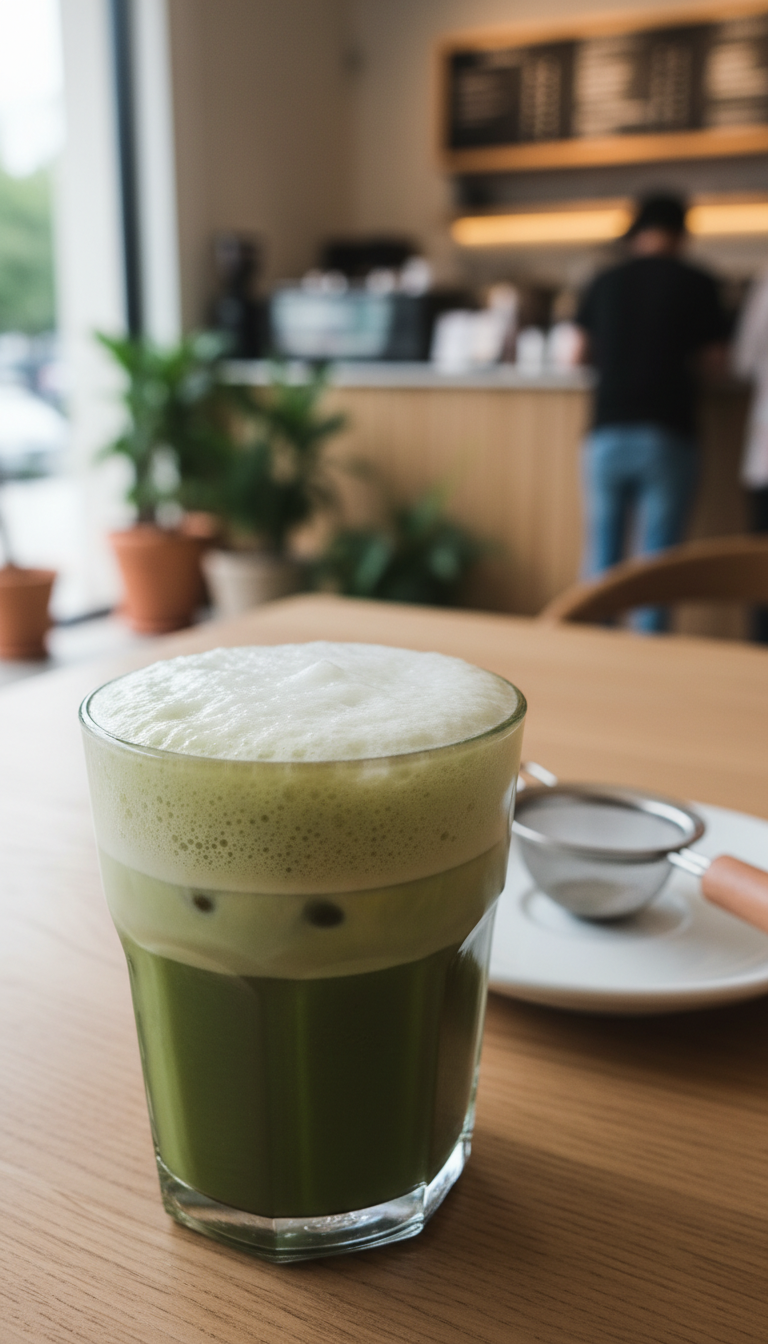 Vibrant, layered iced matcha latte with frothy oat milk in a clear glass. A serene, green vegan drink in a coffee shop.