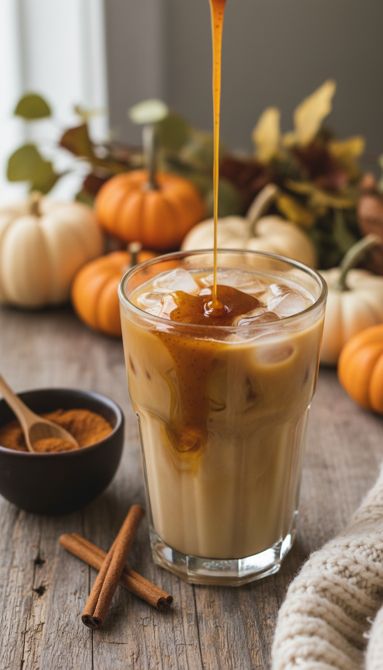 Vibrant low-sugar pumpkin spice syrup drizzled over iced coffee, with cinnamon stick and miniature pumpkins on a rustic table.
