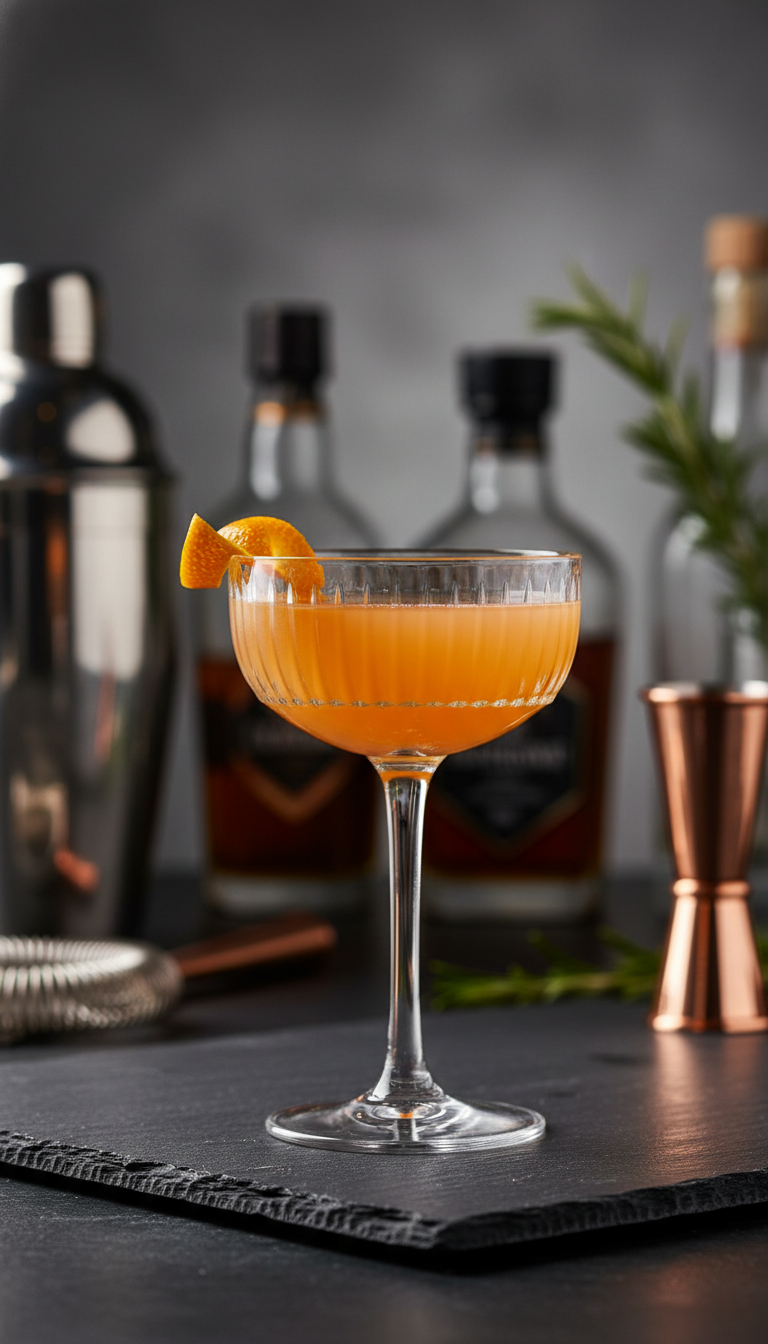 Homemade Orange Coffee Syrup: Easy Recipe for Lattes 9 Vibrant orange craft cocktail in a coupe glass with an orange peel twist on a dark stone surface, elegant bar setting.