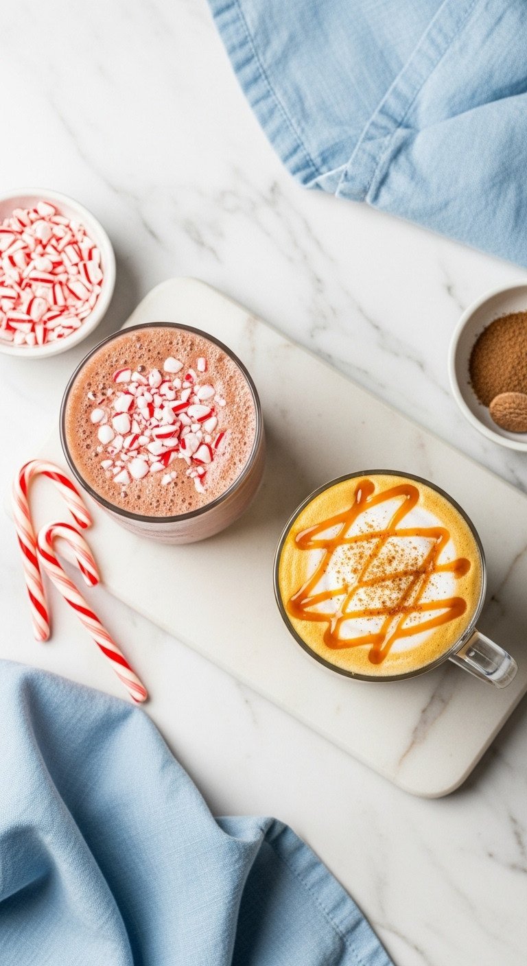 Vibrant peppermint mocha and caramel eggnog latte with unique garnishes on a marble countertop, perfect for holiday comparison.