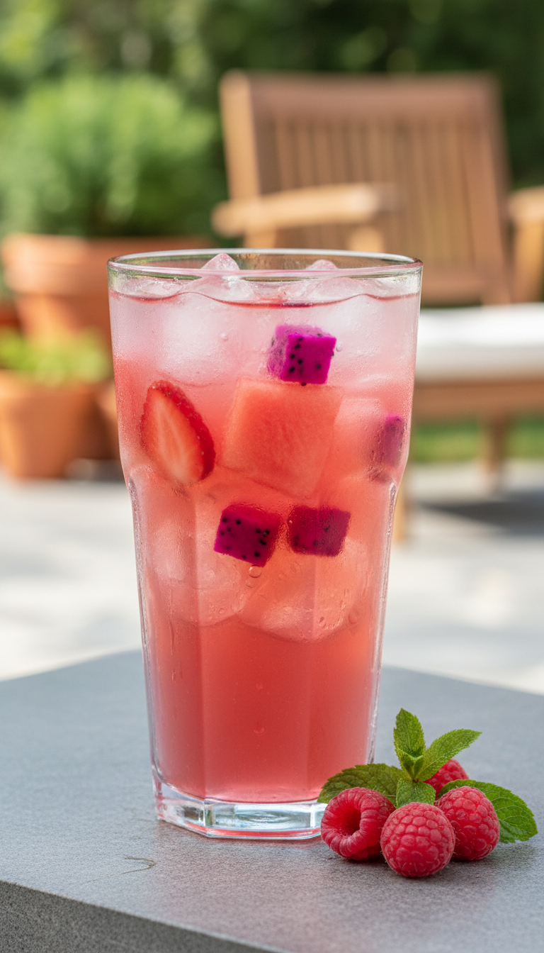 Vibrant pink Raspberry Watermelon Refresher with fruit, ice, and condensation in a glass on stone patio. Fresh summer drink.