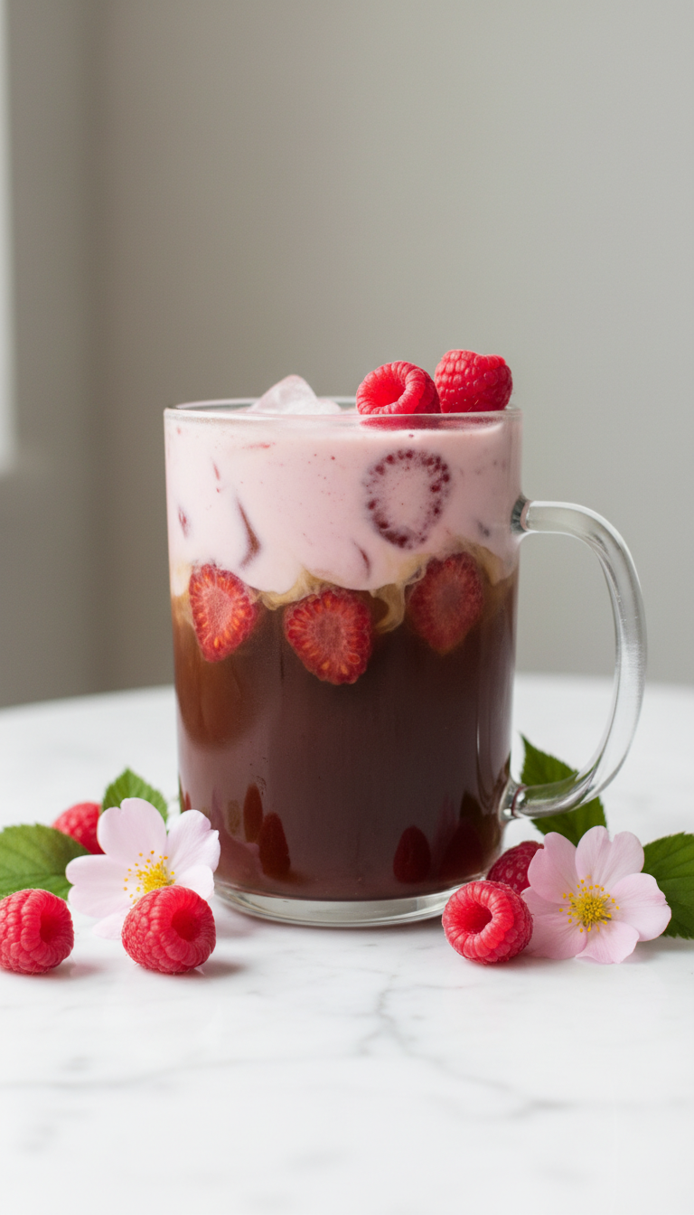Vibrant pink Raspberry iced coffee, distinct layers, fresh raspberries, light pink flowers on a white marble surface.
