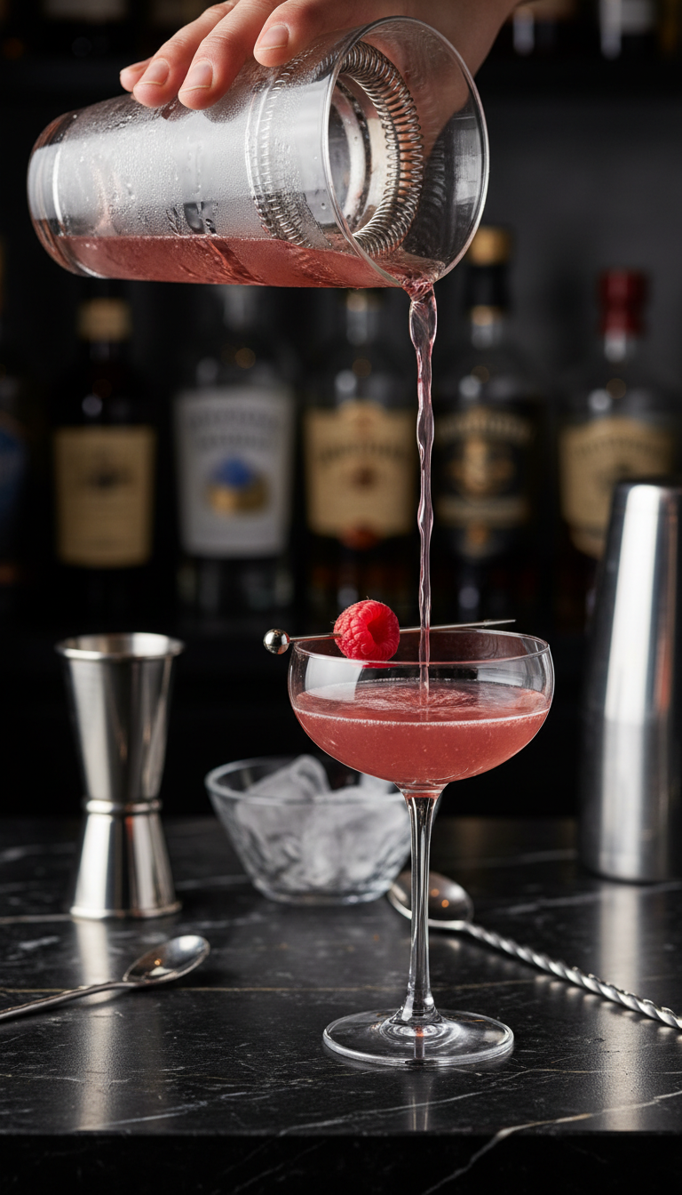 Homemade Raspberry Coffee Syrup: 7 Essential Recipes 9 Vibrant pink raspberry gin cocktail pouring from a shaker into a coupe glass, garnished with a berry at a sophisticated home bar.