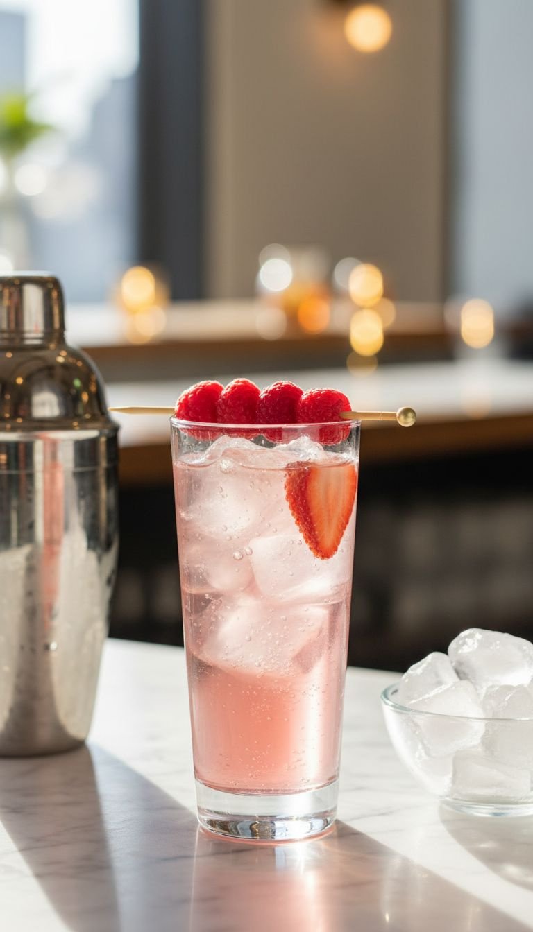 Vibrant pink strawberry iced tea fizz with active bubbles, garnished with raspberries and strawberries on a marble bar.