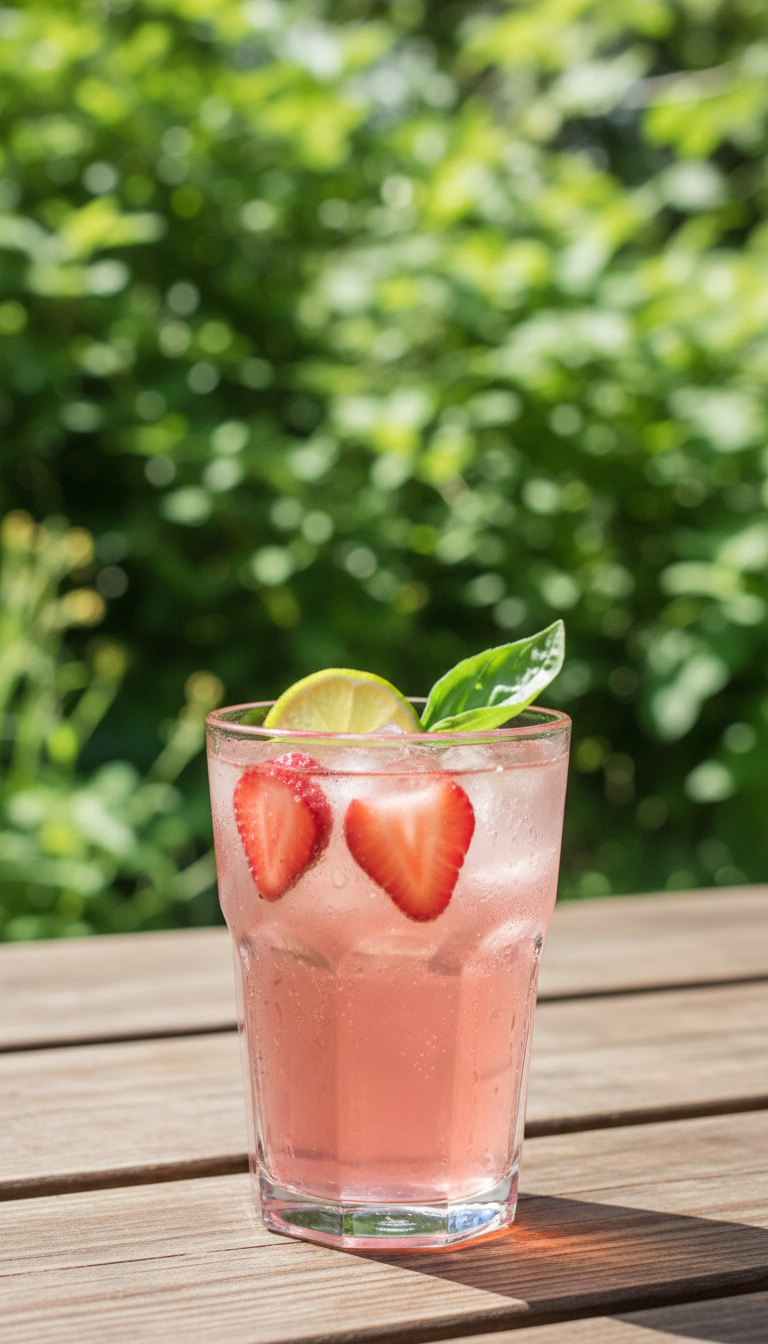Vibrant pink summer refresher with strawberry slices, ice, and basil leaf in a glass in a lush green garden. Refreshing outdoor drink.
