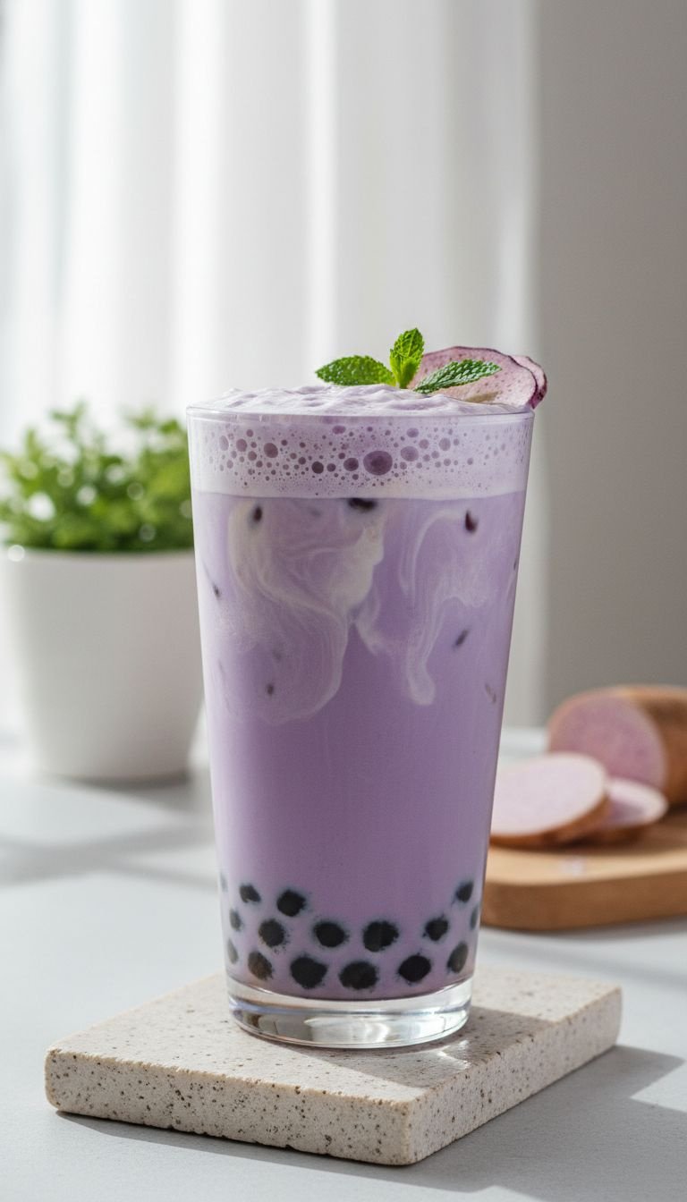 Vibrant purple Taro Milk Tea Protein Boba in a glass with creamy swirl, on pale stone, mint garnish, blurred minimalist room.