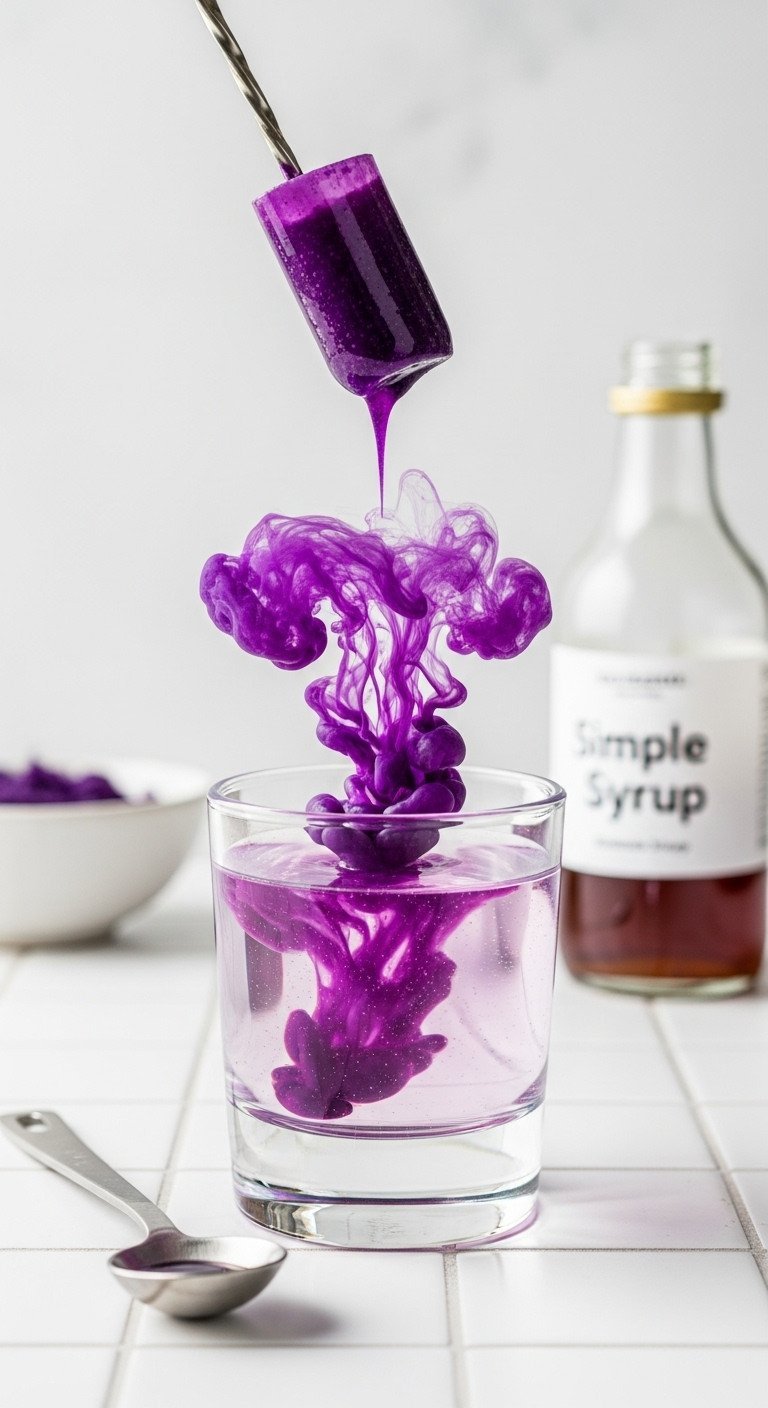 Iced Ube Latte Master Recipe For Vibrant Color And Creaminess 3 Vibrant purple Ube extract drips into simple syrup in a clear glass, creating a beautiful swirl for drinks.