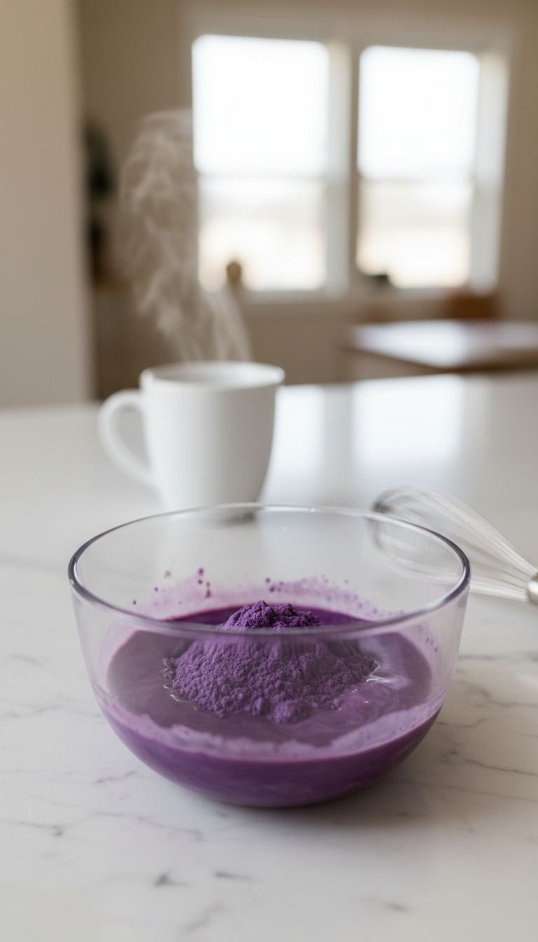 Master The Ube Latte 7 Expert Secrets For Perfect Color 1 Vibrant purple Ube powder dissolving into steaming hot milk in a clear bowl, creating a smooth paste with a whisk on a marble counter.