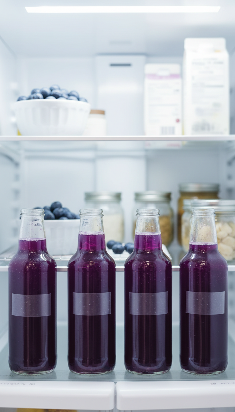 Homemade Blueberry Coffee Syrup: Easy Steps for Flavorful Drinks 9 Vibrant purple blueberry coffee syrup bottles neatly stored on a refrigerator shelf with fresh blueberries, clean kitchen storage.