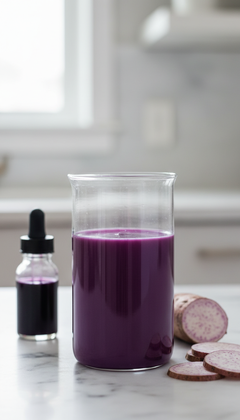 Homemade Ube Coffee Syrup: Ultimate DIY Guide 5 Vibrant purple ube coffee syrup in a glass beaker on white marble. Ube extract and fresh ube slices. Homemade syrup base.