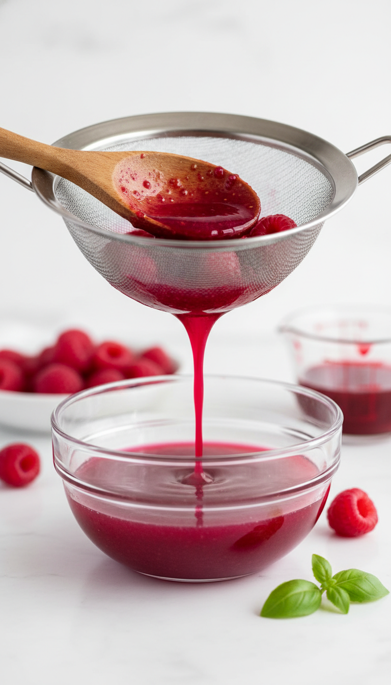 Simple Homemade Coffee Syrup: 7 Essential Recipes 13 Vibrant raspberry fruit coffee syrup strains into a bowl, with fresh raspberries, basil on a white marble countertop.