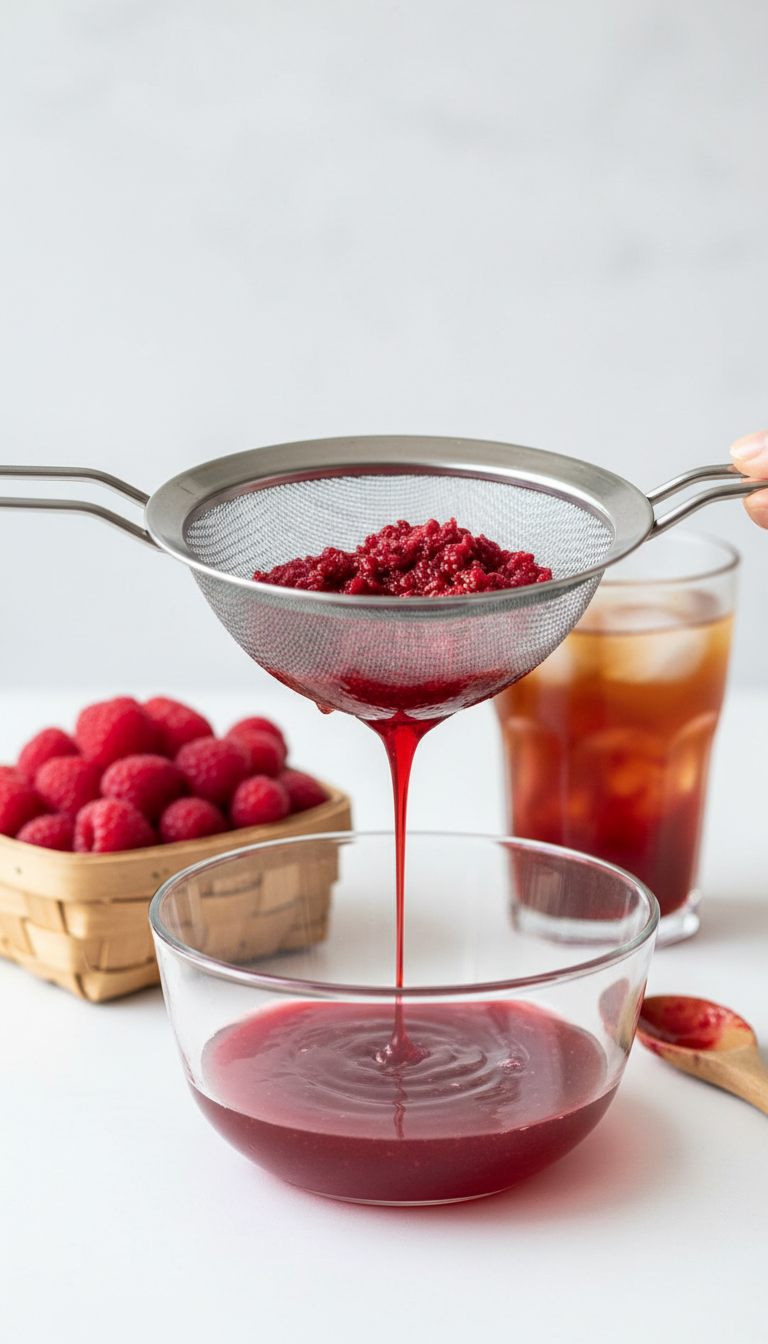 Homemade Coffee Syrup Flavors: 11 Easy Recipes to Master 17 Vibrant raspberry syrup strains through a sieve into a glass bowl, with fresh raspberries on a clean white table.