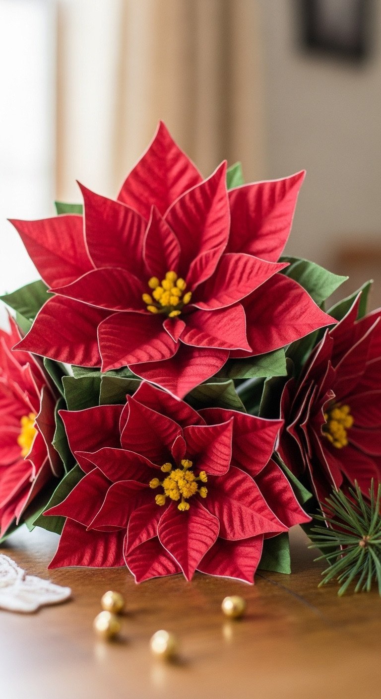 Vibrant red coffee filter poinsettias, layered petals, yellow pom-pom centers. Elegant DIY Christmas decor.