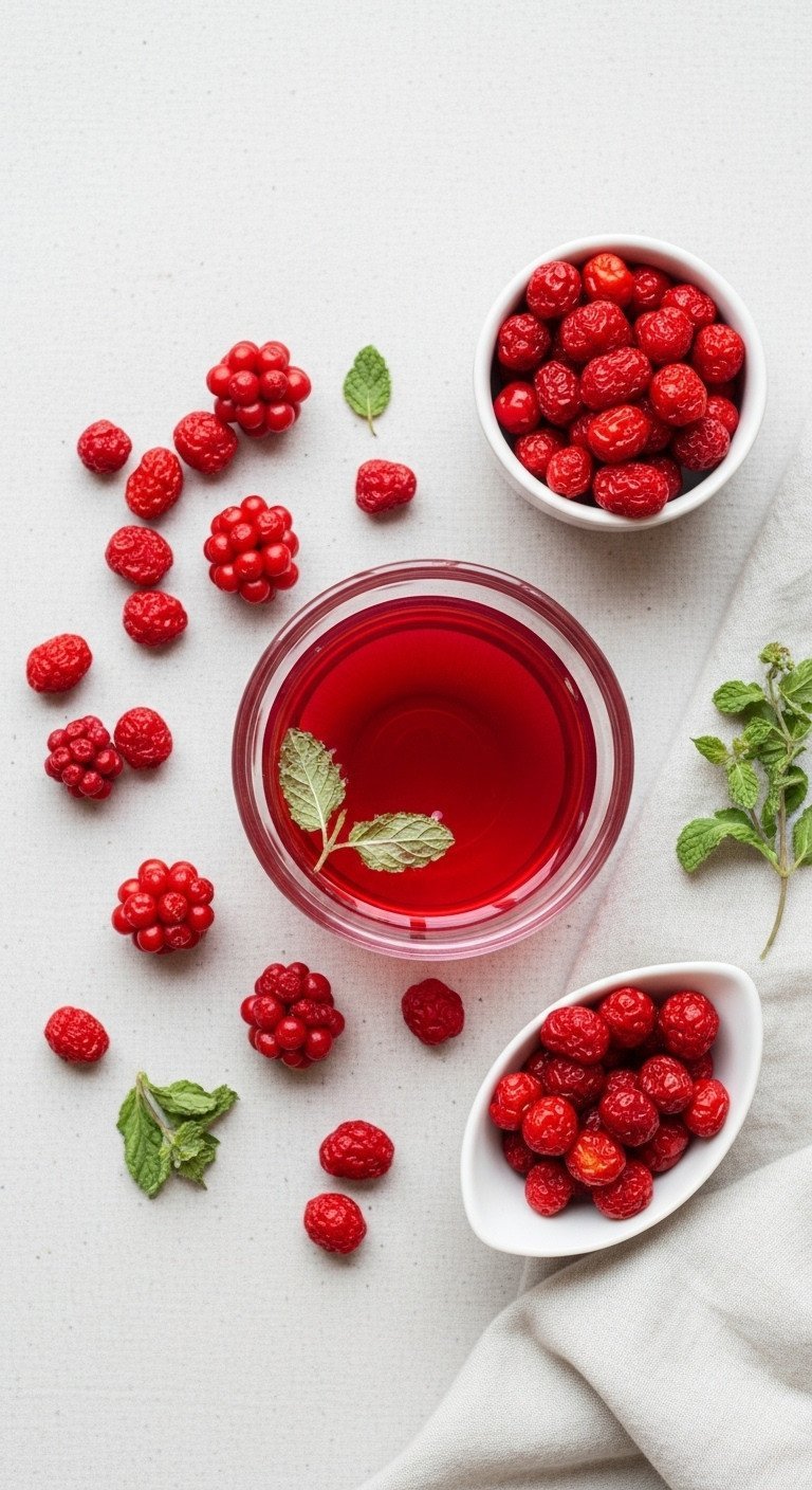 Master Adaptogen Tea The Essential Guide to Blends and Dosage 11 Vibrant red, dried Schisandra berries scattered around a small bowl of crimson tea on a pale linen tablecloth.