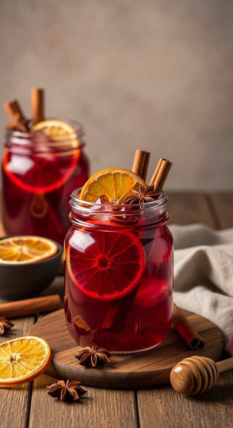 Iced Tea Recipe Secrets to Non Bitter Cold Brew Perfection 9 Vibrant red hibiscus rooibos herbal iced tea in a rustic glass jar with dried orange and cinnamon sticks.