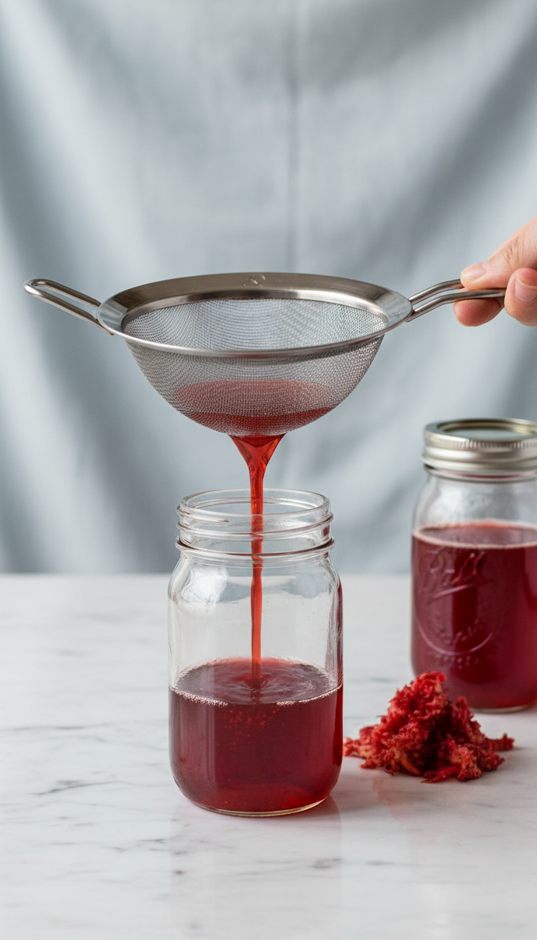 Simple 3-Ingredient Strawberry Coffee Syrup Recipe 5 Vibrant red strawberry syrup pours from a stainless steel fine-mesh strainer into a glass mason jar. Finishing homemade fruit syrup for storage.
