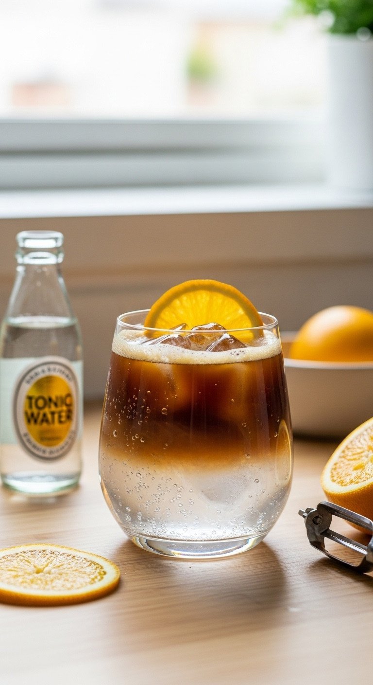 11 Iced Coffee Recipes And Secret Fixes For Watery Coffee 21 Vibrant sparkling citrus iced coffee with orange slices in a wide glass, showing coffee and tonic water separation.