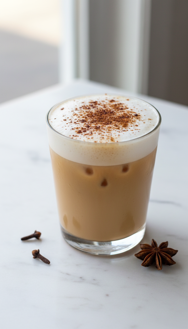 Vibrant spicy cinnamon chai iced latte, layered, with clove and cinnamon powder, star anise, on a clean white table.